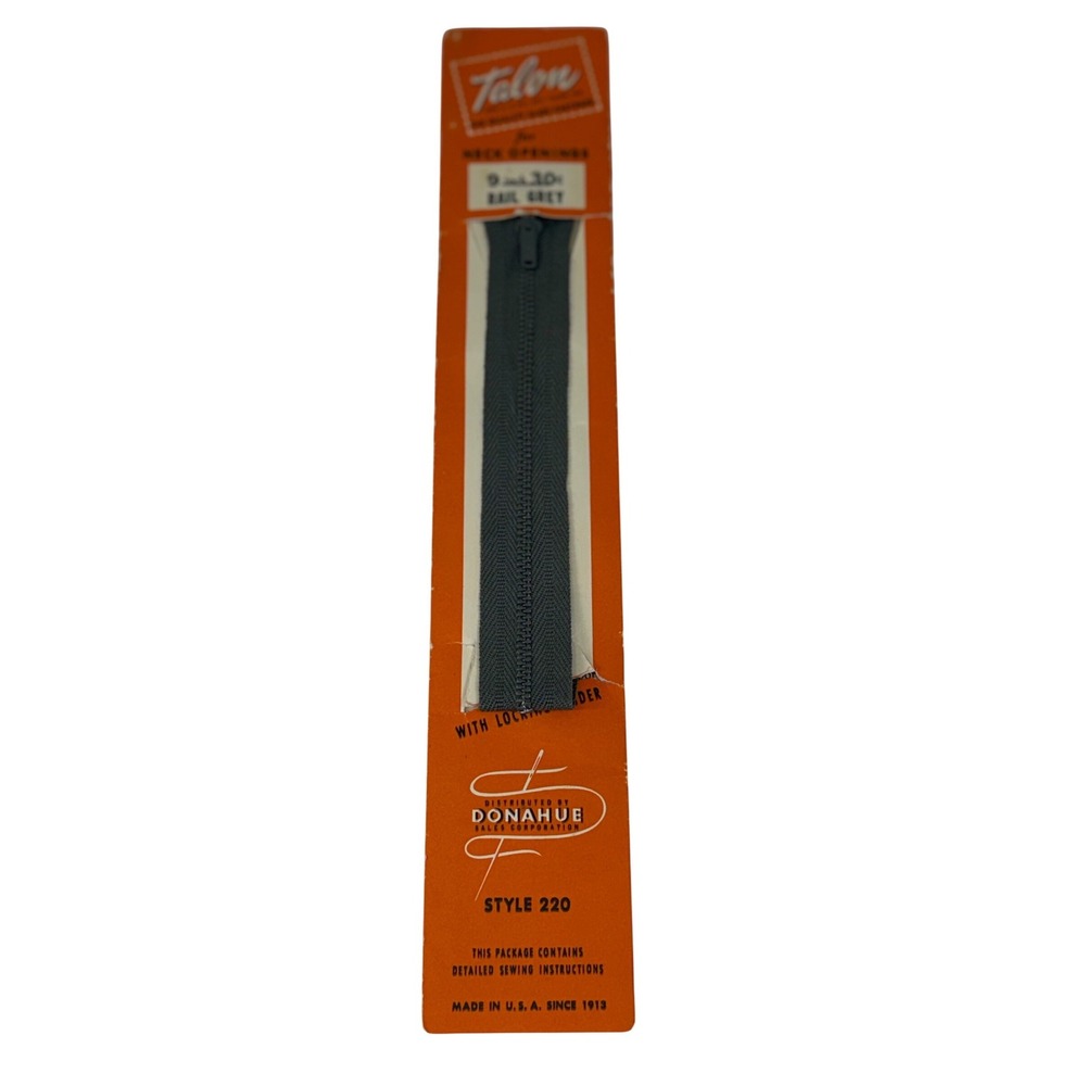 VTG Talon Zipper Rail Grey Style 220 Neck Opening‎ Sewing Fastener 9 Inch NOS